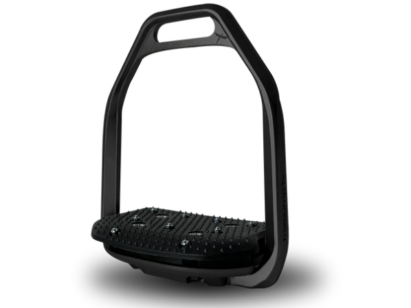 a black stirrup with air cushion effect footbed on a white background