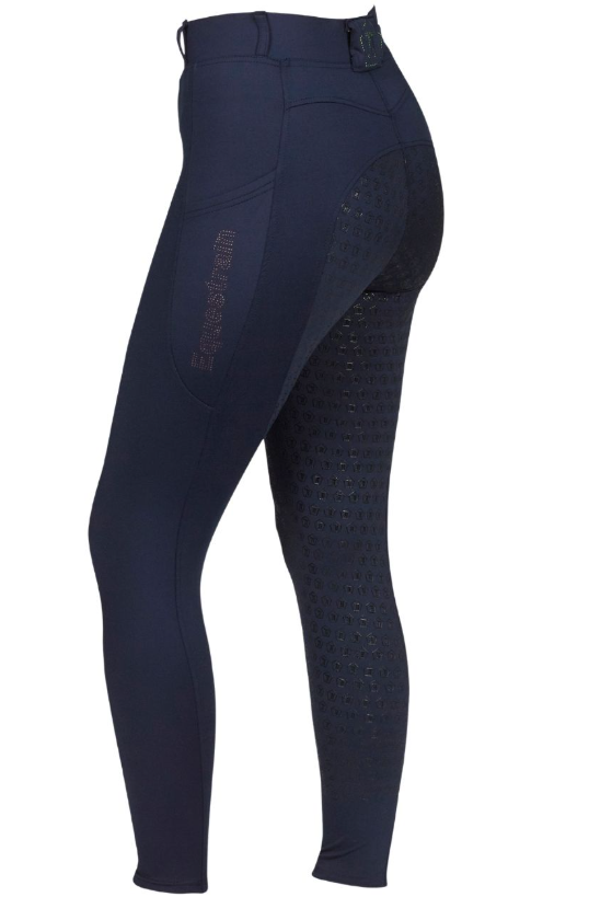 Navy blue equestrian riding breeches with textured grip panels on the inner thighs and a subtle vertical EqueStrath logo on the left leg, shown against a plain white background.