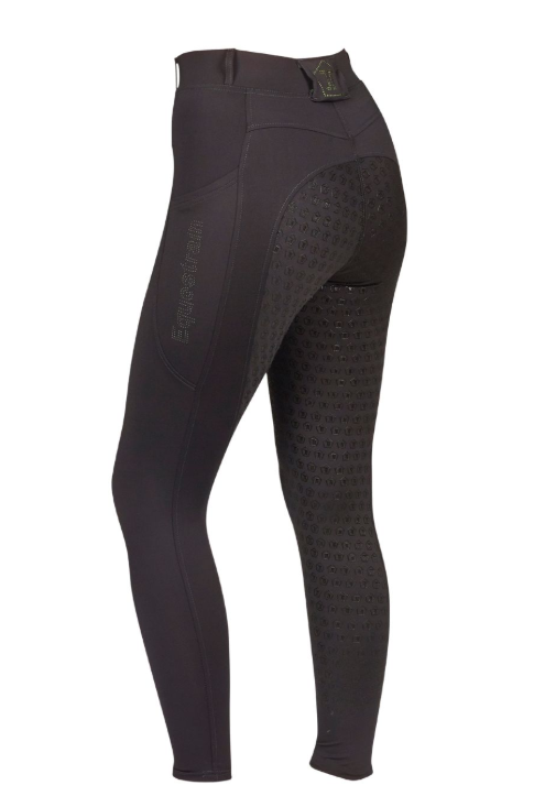 Black equestrian riding tights with textured grip panels on the thighs and a subtle vertical 'ExploreTeam' logo on the left leg, shown on a white background.
