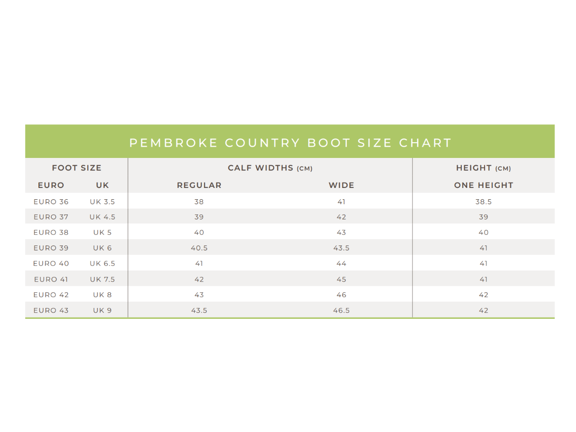 Pebroke boot size guide