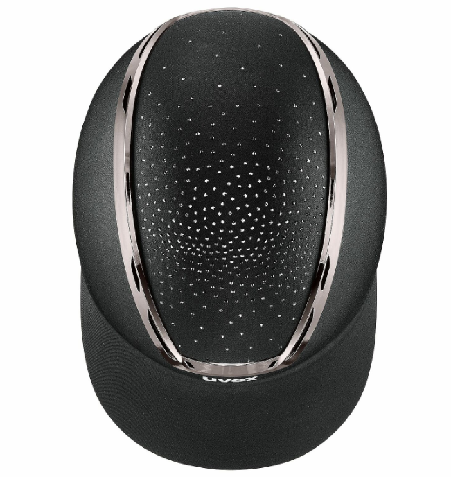 Arial view of the equestrian helmet, featuring chrome stripes and sparkles on the top shown on a white background