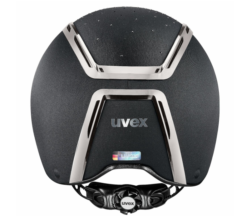Image of the back of the equestrian helmet, with the Uvex logo shown on a white background