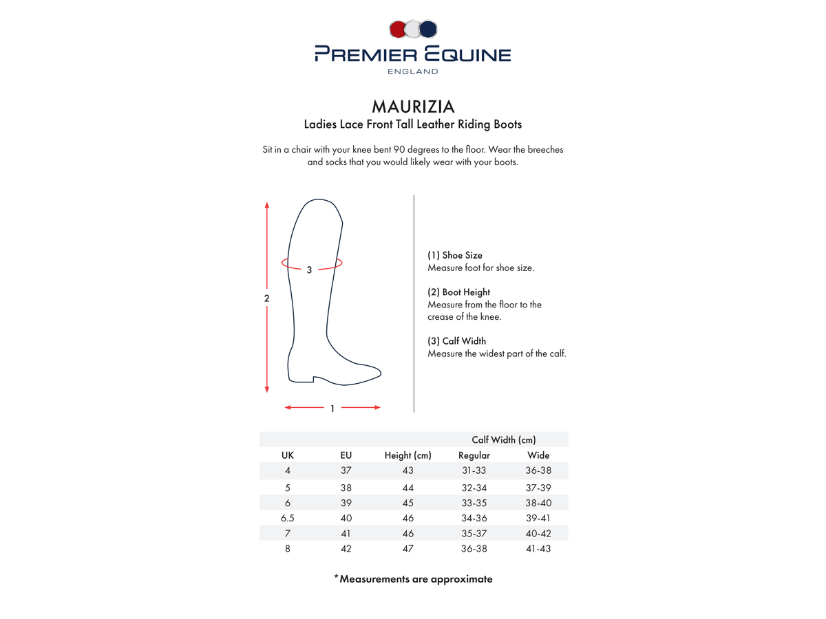 A sizing guide and measurement chart for the Premier Equine England Maurizia Ladies Lace Front Tall Leather Riding Boots. The graphic features a line-drawn boot diagram with measurements labeled 1, 2, and 3, alongside a sizing table at the bottom listing UK, EU, Regular, and Wide calf widths.