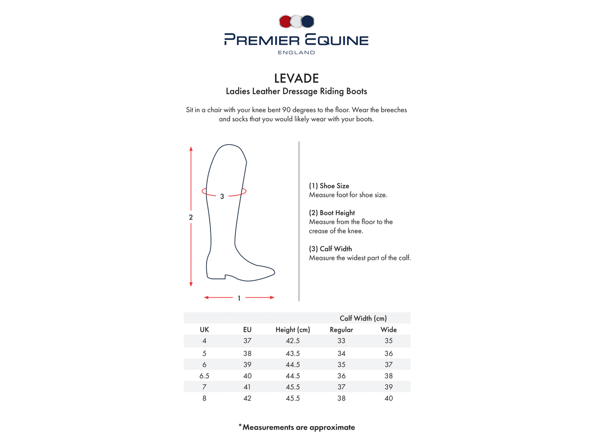 A sizing diagram for Premier Equine England's Levade Ladies Leather Dressage Riding Boots. The graphic includes a line drawing of a boot with measurement arrows, a text list of how to measure, and a sizing table with UK, EU, height in cm, and width columns.