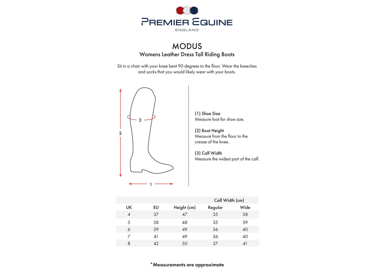 A sizing guide diagram for the Premier Equine Modus Womens Leather Dress Tall Riding Boots, showing a boot outline with measurement indicators (1, 2, 3) and a width measurement guide, accompanied by a conversion table.