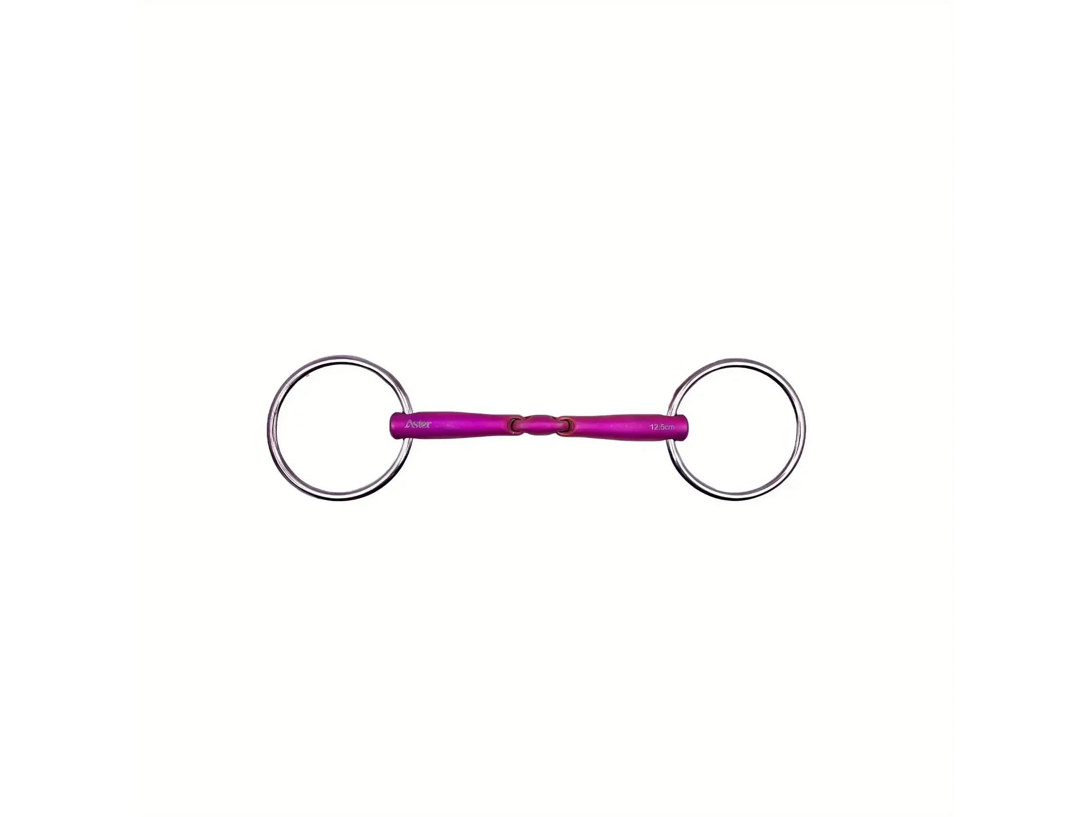 a loose ring double jointed snaffle in a titanium metal anodised pink in colour