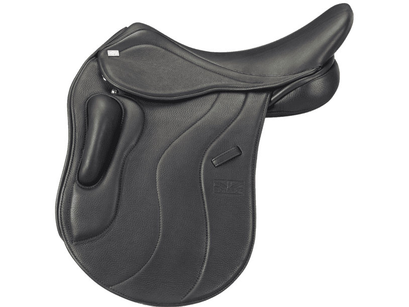 a dressage styled saddle wita surface knee block and a shorter saddle panel without reducing seat size too much